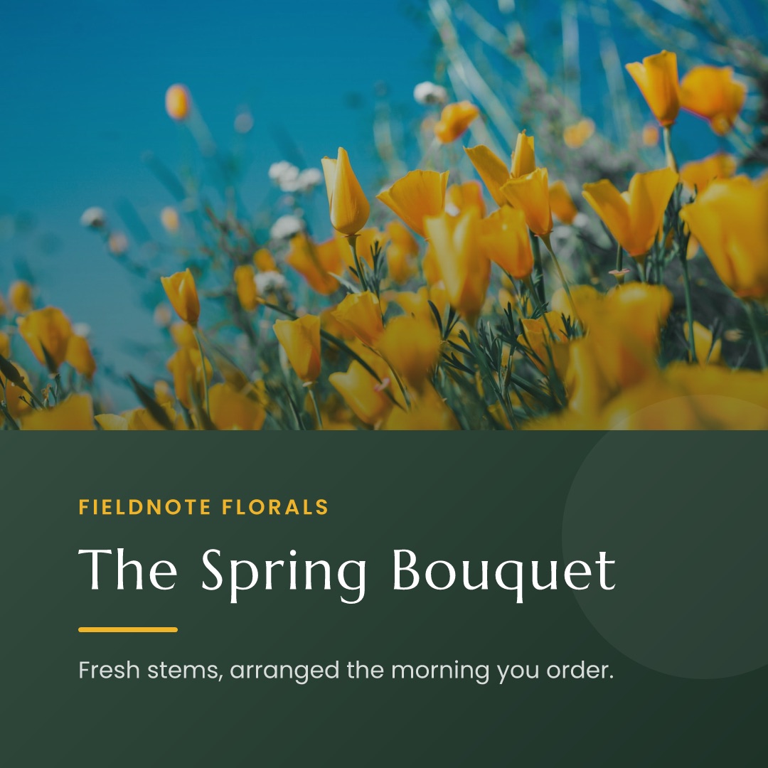 Field of yellow poppies above a green panel announcing a spring bouquet launch