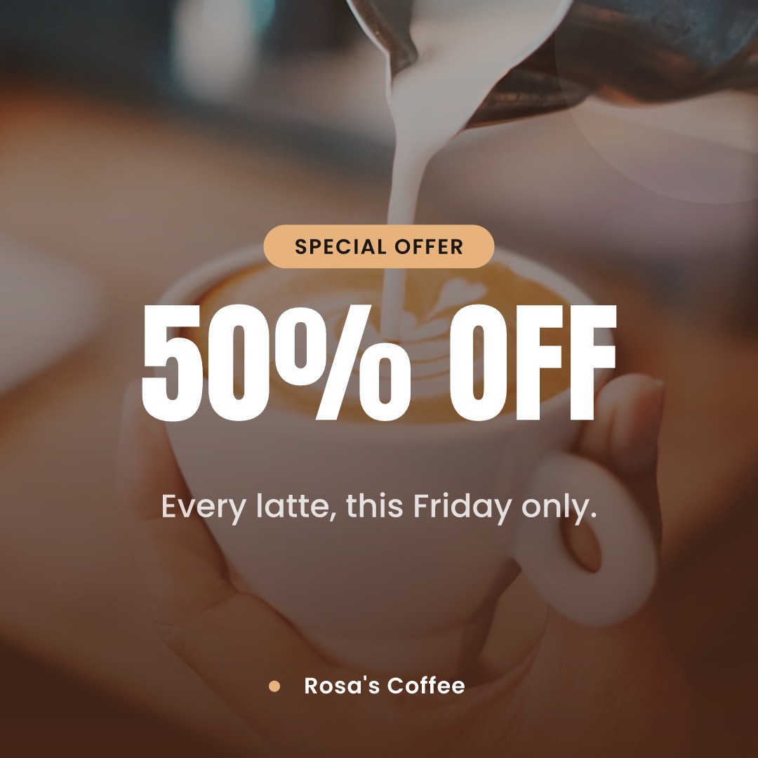 Milk being poured into a latte, with 50% off Friday offer text over the photo